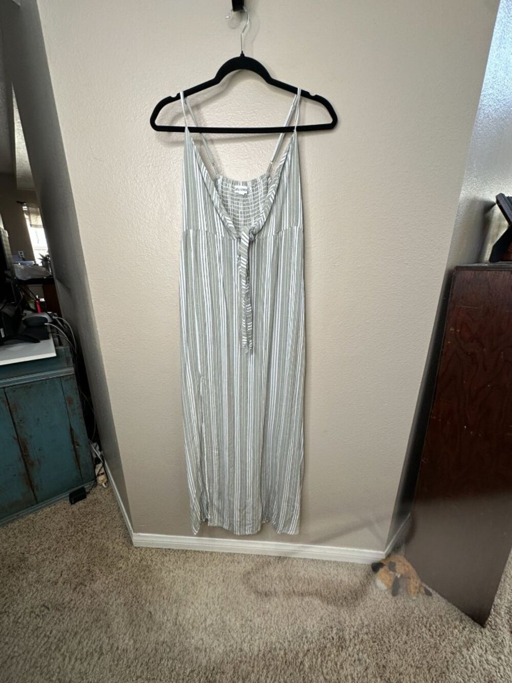 Salty Lemon Womens Striped Green Maxi Dress L Tie Front Spaghetti Straps rayon